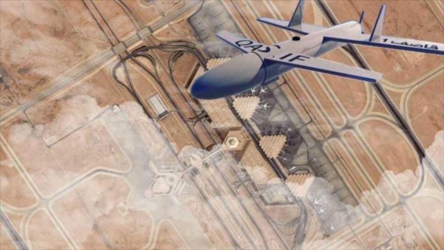 Una imagen representativa sobre un ataque de un dron yemení Qasef-2K contra la base aérea saudí Rey Jalid.
