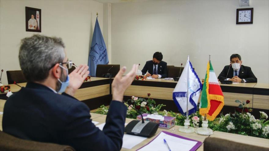 El presidente del Consejo de Derechos Humanos de Irán, Ali Baqeri Kani, (izq) reunido con el embajador de Japón (1.º dcha.), Teherán, 24 de abril de 2021. (Foto: IRNA)