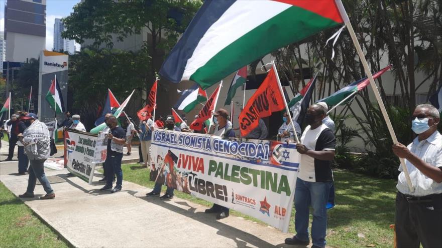 Solidaridad con el pueblo de Palestina a las afueras de la embajada del régimen de Israel en Panamá, 20 de mayo de 2021.
