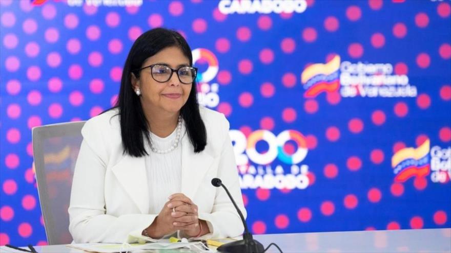 La vicepresidenta de Venezuela, Delcy Rodríguez, durante su intervención en la VII Reunión Iberoamericana de ministros de Hacienda y Economía.