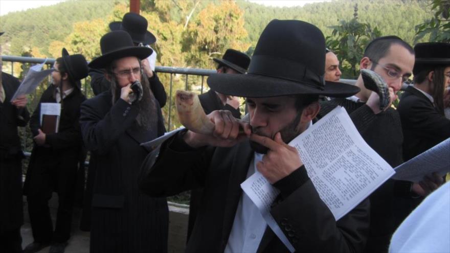 Judíos tocan el shofar, un instrumento musical de viento fabricado con el cuerno de animales. 