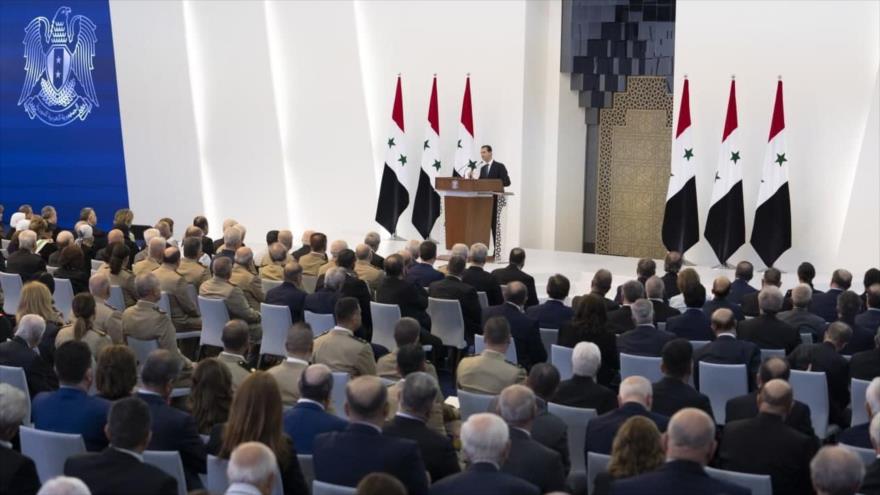 El presidente sirio, Bashar al-Asad, habla en la ceremonia de su investidura, Damasco, la capital, 17 de julio de 2021.