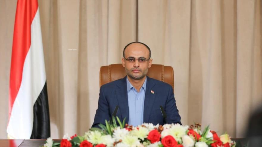 El presidente del Consejo Político Supremo de Yemen, Mahdi al-Mashat, durante un discurso televisado, 19 de julio de 2021. (Foto: Al Masirah)