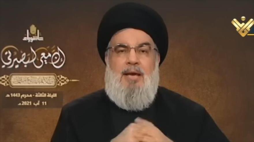 El líder del Movimiento de Resistencia Islámica de El Líbano (Hezbolá), Seyed Hasan Nasralá, ofrece un discurso, 11 de agosto de 2021.
