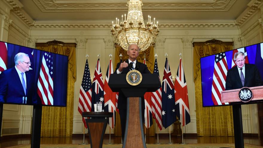Presidente de EE.UU., Joe Biden, mantiene una reunión virtual con los primeros ministros de Australia y El Reino Unido, 15 de septiembre de 2021. (Foto: AFP)