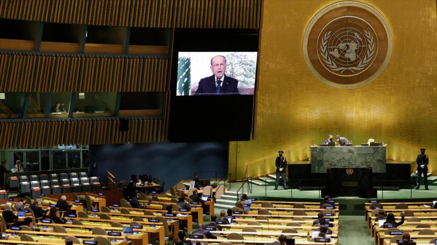 El presidente de El Líbano, Michel Aoun, habla en la 76.ª sesión de la Asamblea General de las Naciones Unidas, 24 de septiembre de 2021. (Foto: AFP)