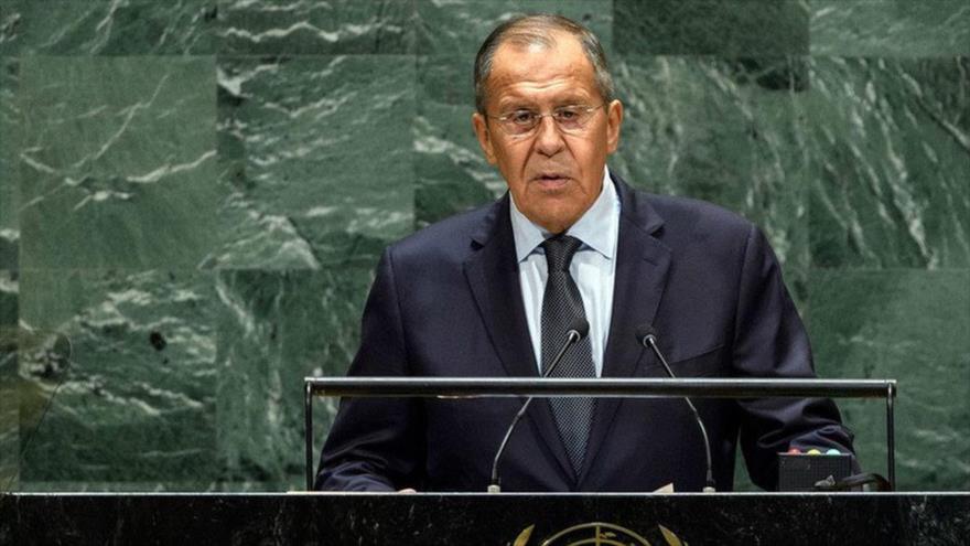 El canciller de Rusia, Serguéi Lavrov, en su intervención en una sesión de la AGNU en la ciudad estadounidense de Nueva York, 25 de septiembre de 2021.