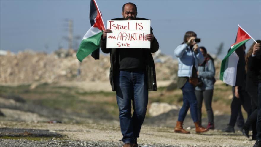 Manifestante palestino lleva una pancarta en que condena el apartheid israelí, Cisjordana, 23 de enero de 2019. (Foto: AFP)