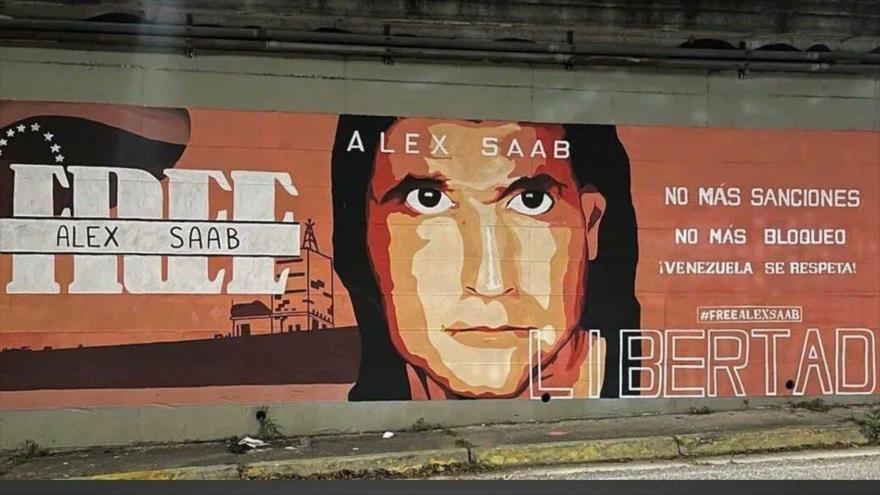 Un mural en apoyo a la liberación del empresario colombiano Alex Saab, Caracas, capital de Venezuela.