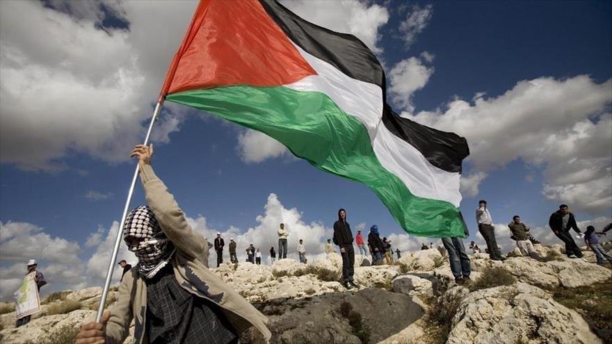 Un manifestante palestino levanta la bandera de Palestina en protesta contra la ocupación y expansión ilegal del régimen israelí.
