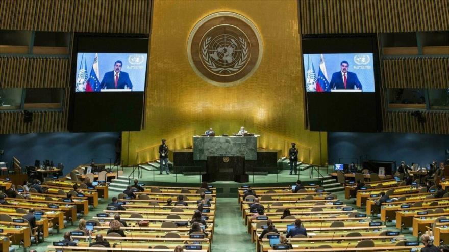 El presidente de Venezuela, Nicolás Maduro, se dirige vía telemática a la Asamblea General de Naciones Unidas, 22 de septiembre de 2021.