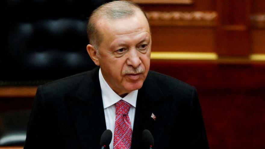 El presidente de Turquía, Recep Tayyip Erdogan pronuncia su discurso en el Parlamento de Albania, en Tirana, 17 de enero de 2022. (Foto: Reuters)