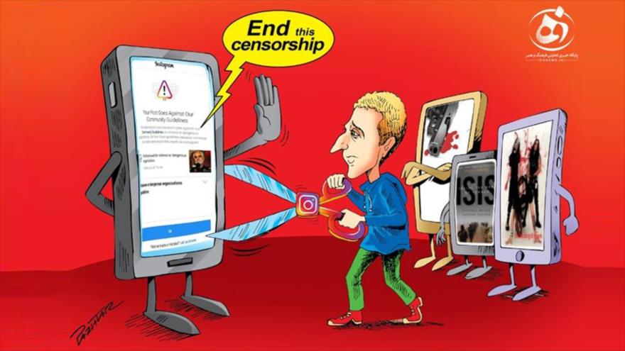 El poster diseñado por el Centro Cultural de Medios del municipio de Teherán para la campaña de “Detener la Censura” contra las redes sociales de EE.UU.