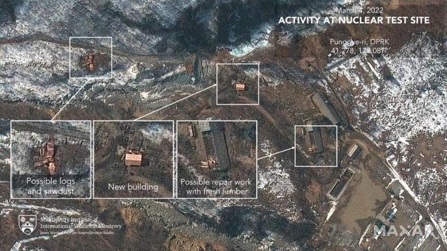 Imagen satelital de tres ubicaciones en el sitio de pruebas nucleares de Punggye-ri, noreste de Corea del Norte. (Foto: Maxar)