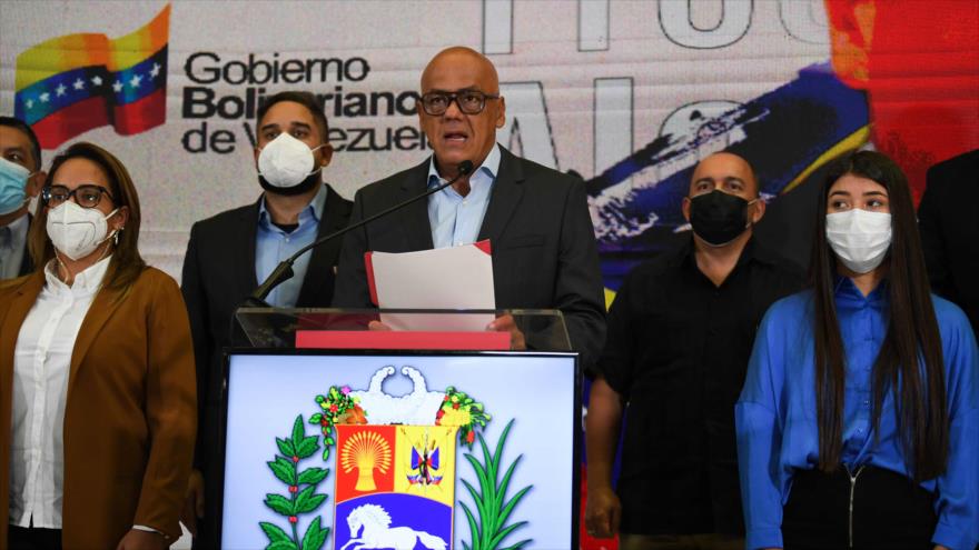El presidente de la Asamblea Nacional de Venezuela, Jorge Rodríguez, en una conferencia de prensa en Caracas,16 de octubre de 2021.(Foto:AFP)
