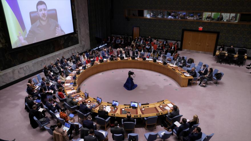 Presidente ucraniano, Volodímir Zelenski, en una sesión del Consejo de Seguridad de las Naciones Unidas, Nueva York, EE.UU., 5 de abril de 2022. (Foto: Reuters)