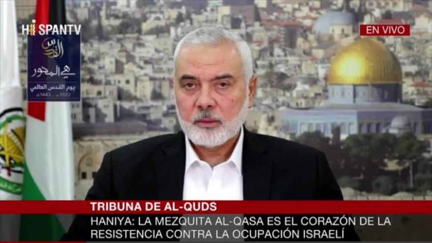 El jefe de la dirección política de HAMAS, Ismail Haniya, habla en una conferencia en vísperas del Día Mundial de Al-Quds, 26 de abril de 2022.