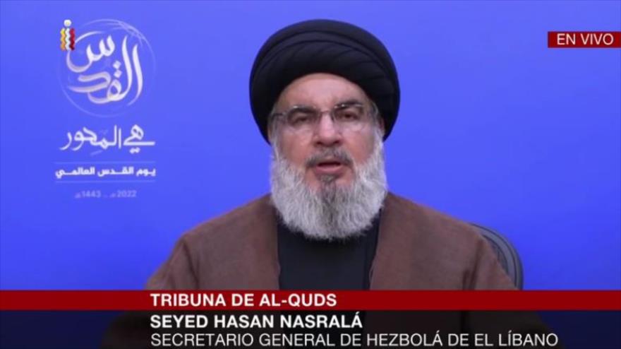El líder de Hezbolá, Seyed Hasan Nasralá, habla durante una conferencia en vísperas del Día Mundial de Al-Quds, 26 de abril de 2022.