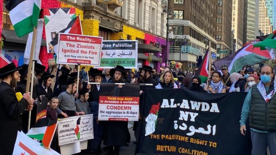 Rabinos judíos izan la bandera palestina en Londres y Nueva York