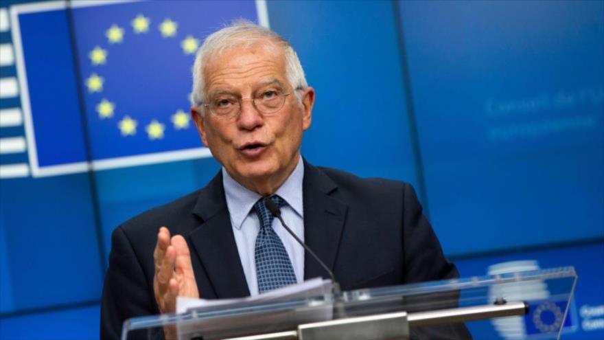 El jefe de la Diplomacia de la Unión Europea (UE), Josep Borrell, en una videoconferencia en Bruselas, 15 de junio de 2020. (Foto: AFP)