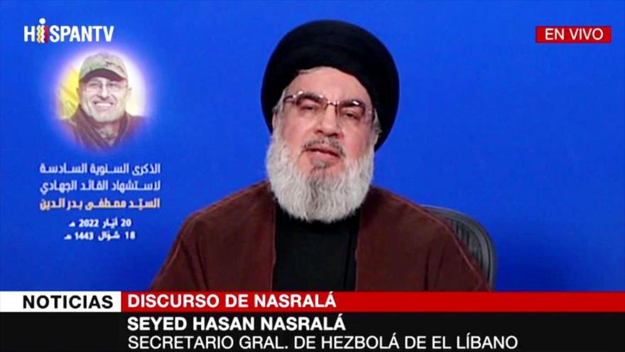 El secretario general de Hezbolá, Seyed Hasan Nasralá, ofrece un discurso, 20 de mayo de 2022.