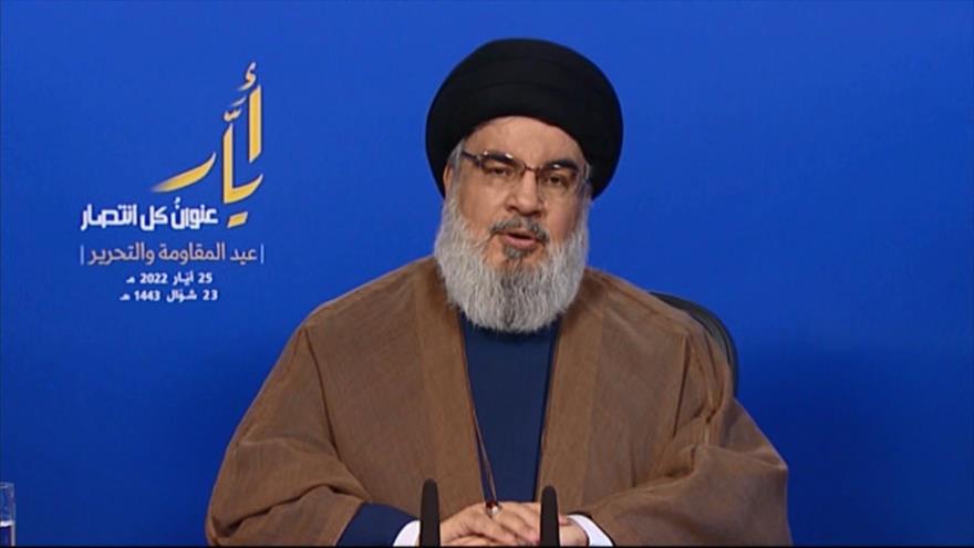 El líder del Movimiento de Resistencia Islámica de El Líbano (Hezbolá), Seyed Hasan Nasralá, ofrece un discurso, 25 de mayo de 2022.