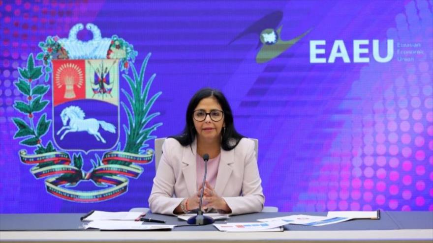 La vicepresidenta venezolana, Delcy Rodríguez, durante el Foro Económico Euroasiático, 26 de mayo de 2022.