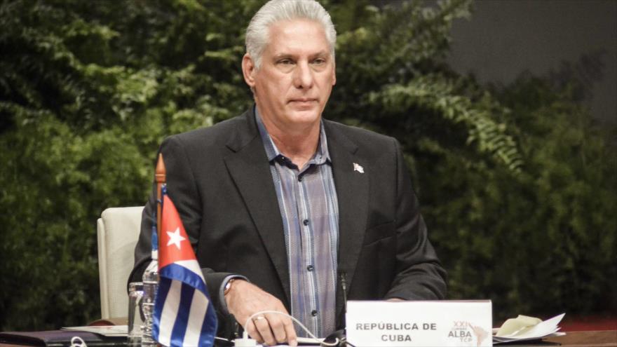 El presidente de Cuba, Miguel Díaz-Canel, durante la XXI Cumbre de la Alianza Bolivariana para los Pueblos de Nuestra América, 27 de mayo de 2022.