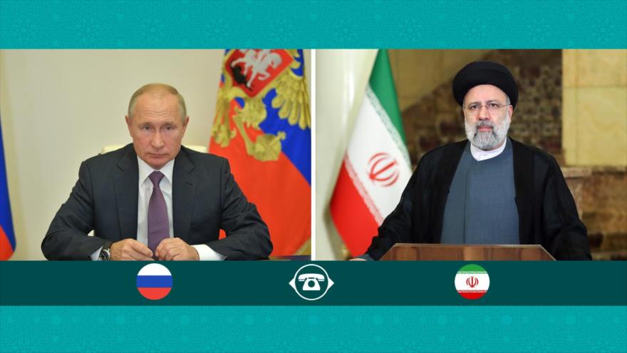 El presidente de Irán, Seyed Ebrahim Raisi (dcha.) y su par ruso, Vladimir Putin. (Foto: President.ir)