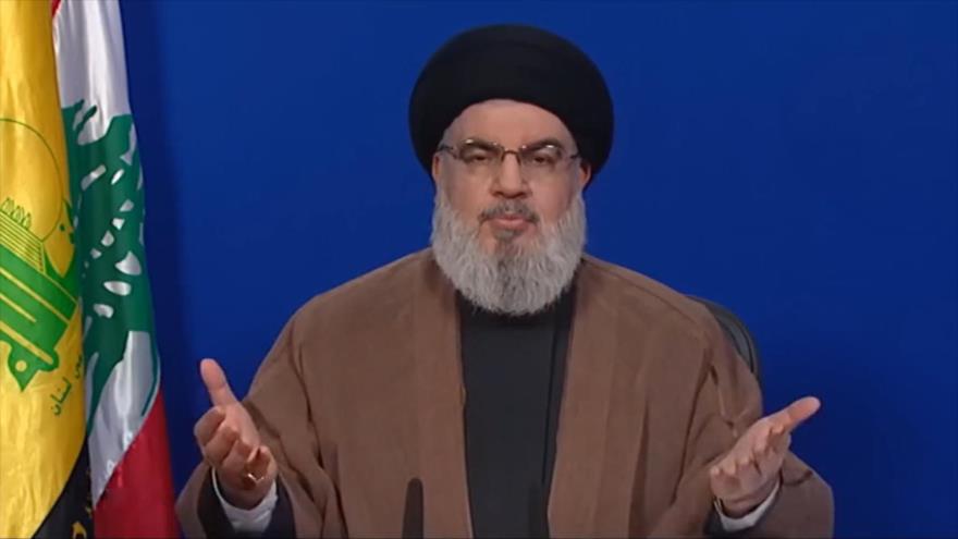 El líder del Movimiento de Resistencia Islámica de El Líbano (Hezbolá), Seyed Hasan Nasralá, ofrece un discurso, 9 de junio de 2022.