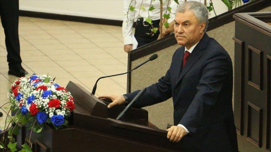 Presidente de la Duma Estatal rusa, Vyacheslav Volodin, 24 de febrero de 2022. (Foto: Getty Images)