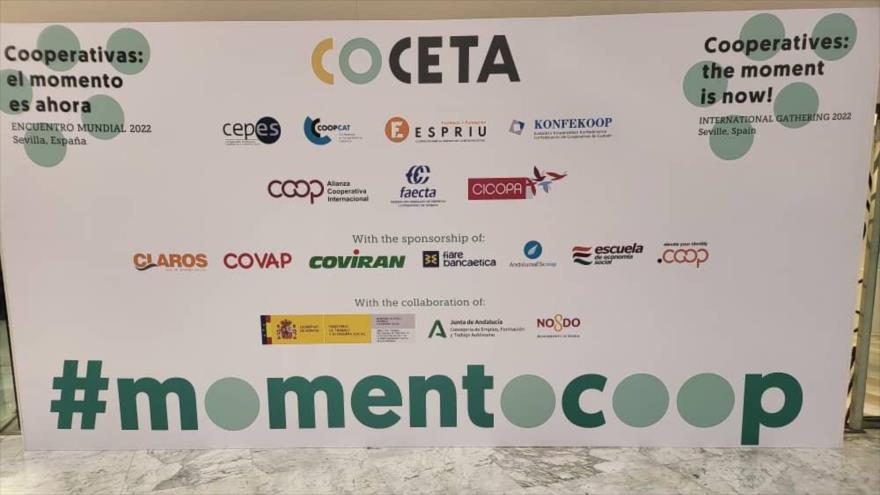 Diversos logos de cooperativas del encuentro de la Alianza Cooperativa Internacional (ACI), Sevilla, España.