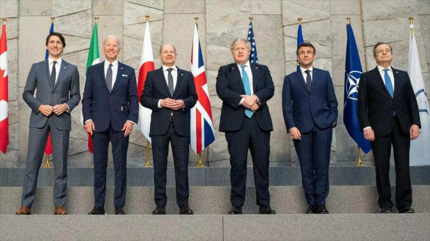(De izq. a dcha.) Líderes de Canadá, EE.UU., Alemania, el Reino Unido, Francia e Italia, en la sede de la OTAN, Bruselas, 24 de marzo de 2022. (Foto: AFP)