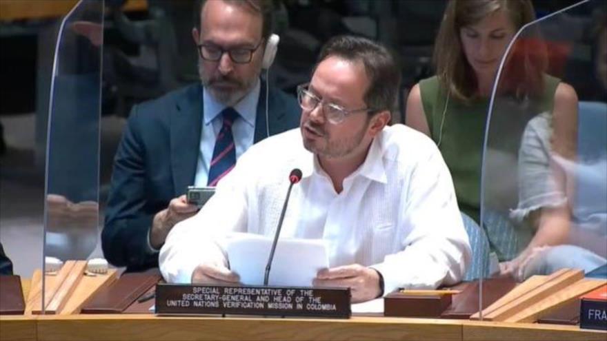 Representante especial de las Naciones Unidas para Colombia, Carlos Ruiz Massieu, ofrece su discurso en la sede de ONU en Colombia, 14 de julio de 2022.