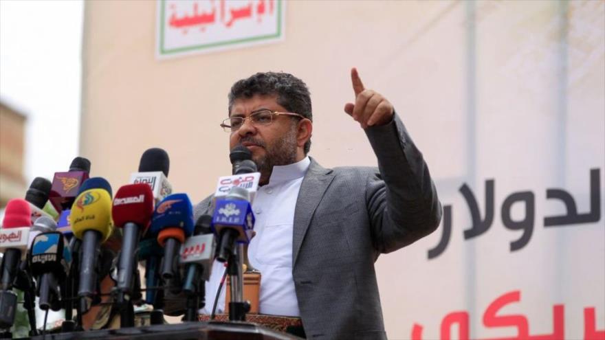 El presidente del Comité Supremo Revolucionario yemení, Mohamad Ali al-Houthi, ofrece un discurso en Saná, 8 de agosto de 2021. (Foto: AFP)