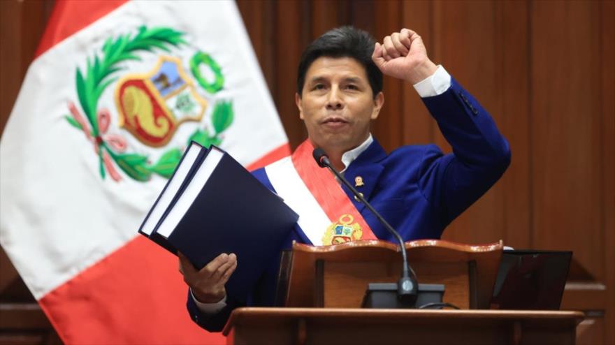 El presidente de Perú, Pedro Castillo, en un discurso en el Congreso, Lima, 28 de julio de 2022. 