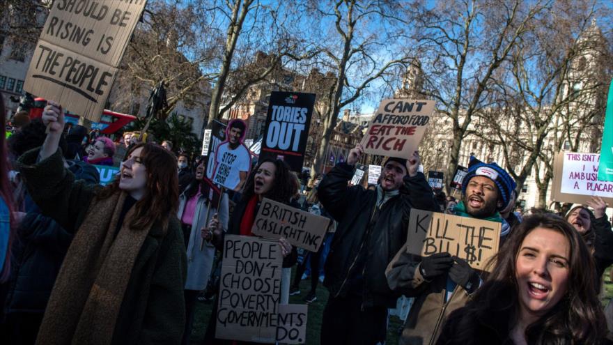 Protestan por el aumento del costo de vida y las facturas de energía en Londres, el Reino Unido, 12 de febrero de 2022. (Foto: Getty Images)