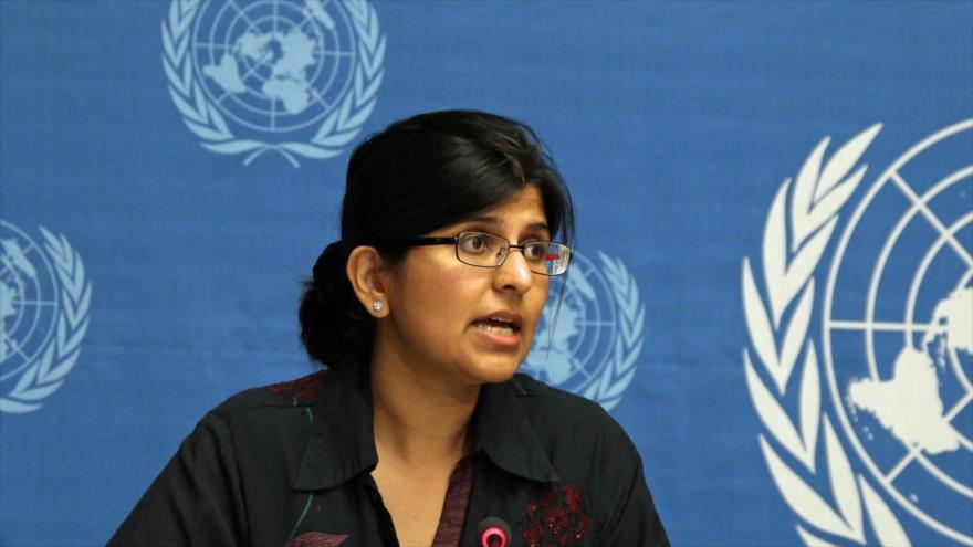 Ravina Shamdasani, portavoz de la oficina de la ONU para los Derechos Humanos, realiza una conferencia de prensa, en Ginebra, 11 de julio de 2014. 