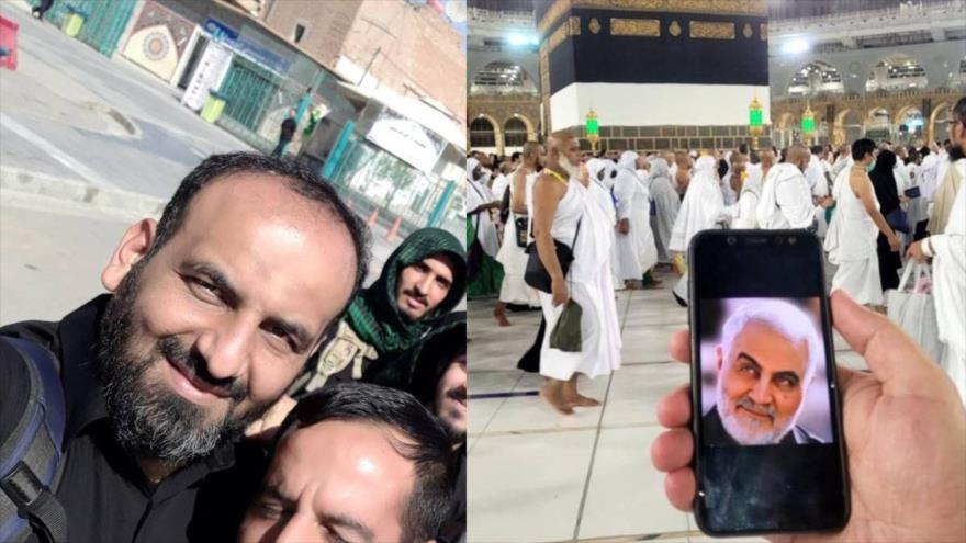 El peregrino iraní, Jalil Dardmand (izda.), y una vista de una foto del general Soleimani en su teléfono móvil cerca de la Kaaba (dcha.), julio de 2022.