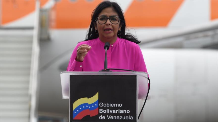 La vicepresidenta venezolana, Delcy Rodríguez, en un discurso en Maiquetia, Venezuela. 