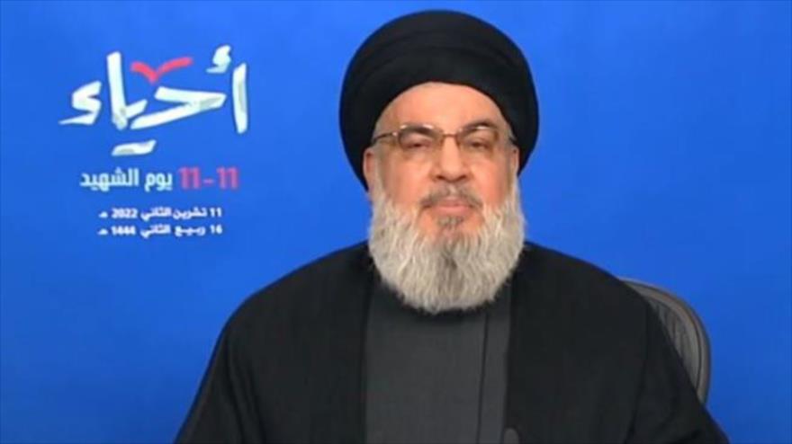 El secretario general de Hezbolá, Seyed Hasan Nasralá, ofrece discurso, 11 de noviembre de 2022.