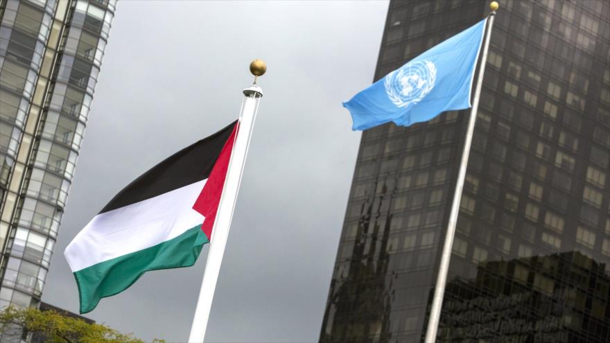 Bandera de Palestina (izda.) al lado de la bandera de las Naciones Unidas en la sede de la ONU en Nueva York, 30 de septiembre de 2015. (Foto: Reuters)