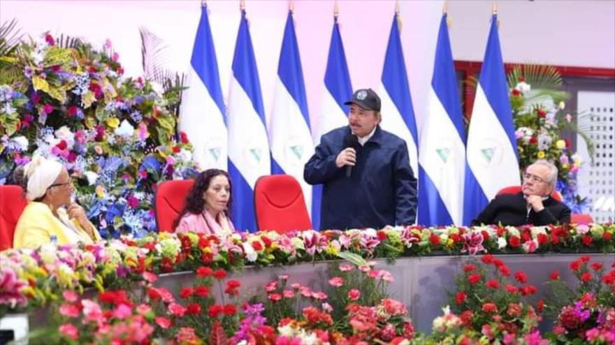 El presidente de Nicaragua, Daniel Ortega, ofrece un discurso durante la sesión solemne inaugural de la XXXIX legislatura de la Asamblea Nacional, 9 de enero de 2023.