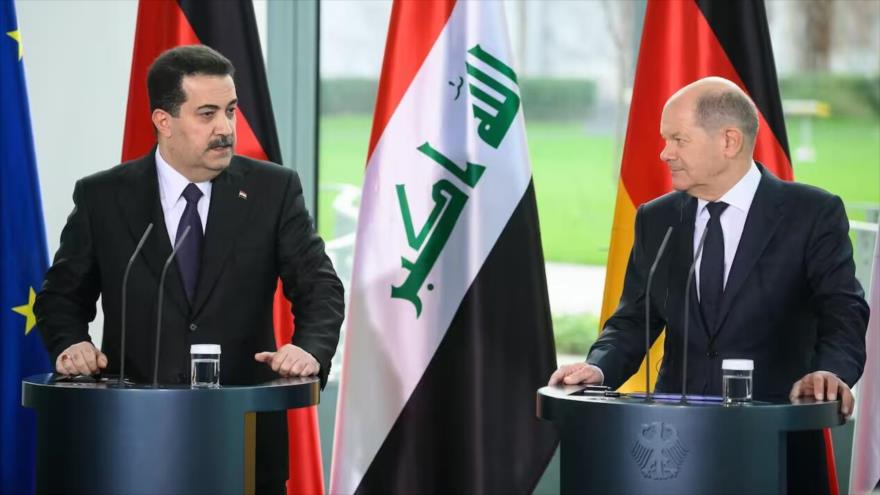El primer ministro de Irak (izda.), Muhamad Shia al-Sudani, y el canciller alemán Olaf Scholz, durante una rueda de prensa, 13 de enero de 2023.
