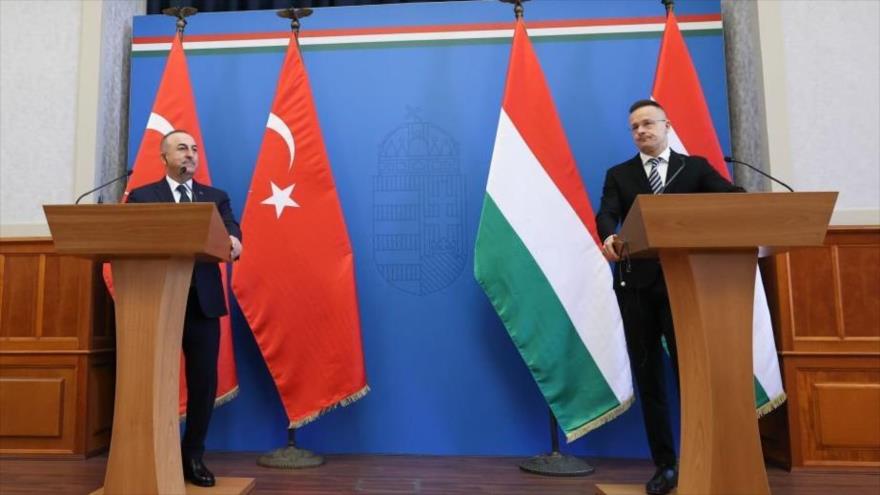 Canciller de Hungría, Peter Szijjarto (dcha.), y su par turco, Mevlut Cavusoglu, en una conferencia de prensa conjunta, Budapest, 31 de enero de 2023. (Foto: Getty Images)