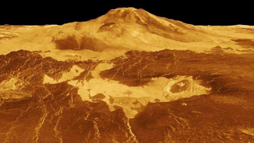 Modelo tridimensional generado por computador de la superficie de Venus que muestra la cima del volcán Maat Mons.