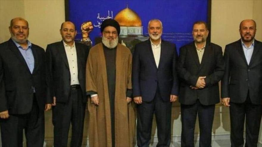 Líderes de Hezbolá y HAMAS se reúnen para abordar los últimos asaltos de Israel contra la Mezquita Al-Aqsa, Beirut, capital libanesa, 9 de abril de 2023.