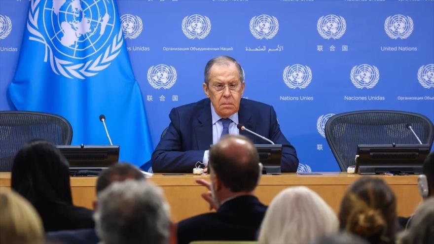 El canciller de Rusia, Serguéi Lavrov, en una rueda de prensa en Nueva York, 25 de abril de 2023. (Foto: mid.ru)