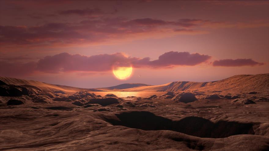 Concepto artístico del exoplaneta Kepler-1649c orbitando en la zona habitable de su estrella enana roja.
