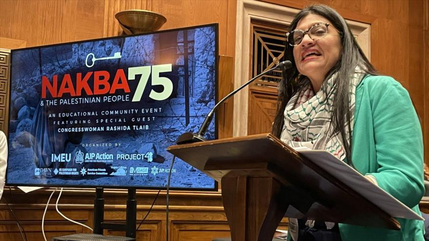 La congresista Rashida Tlaib, durante la conmemoración del 75.º aniversario de la Nakba en el Congreso de EEUU, 10 de mayo de 2023.